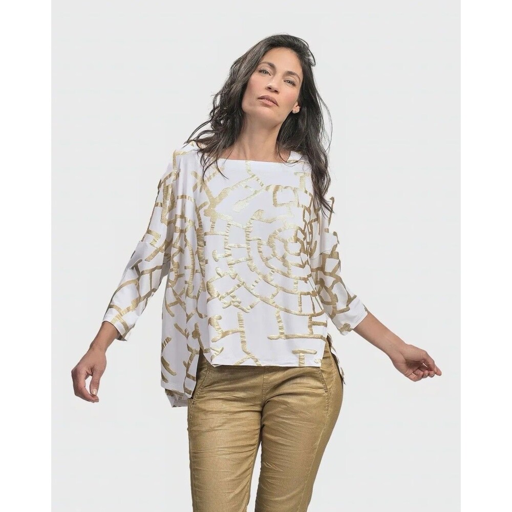 Alembika Hypnotic Cutaway Boxy Top Gold White Abstract Print L 3/4 Sleeve
